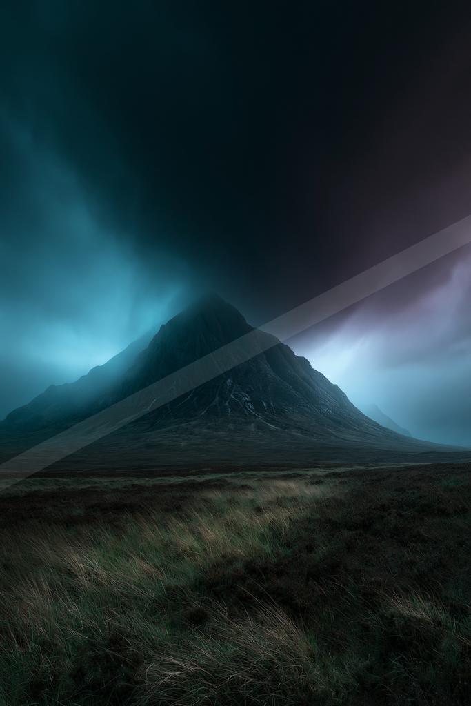 A dramatic landscape of mountains, storm, fog.