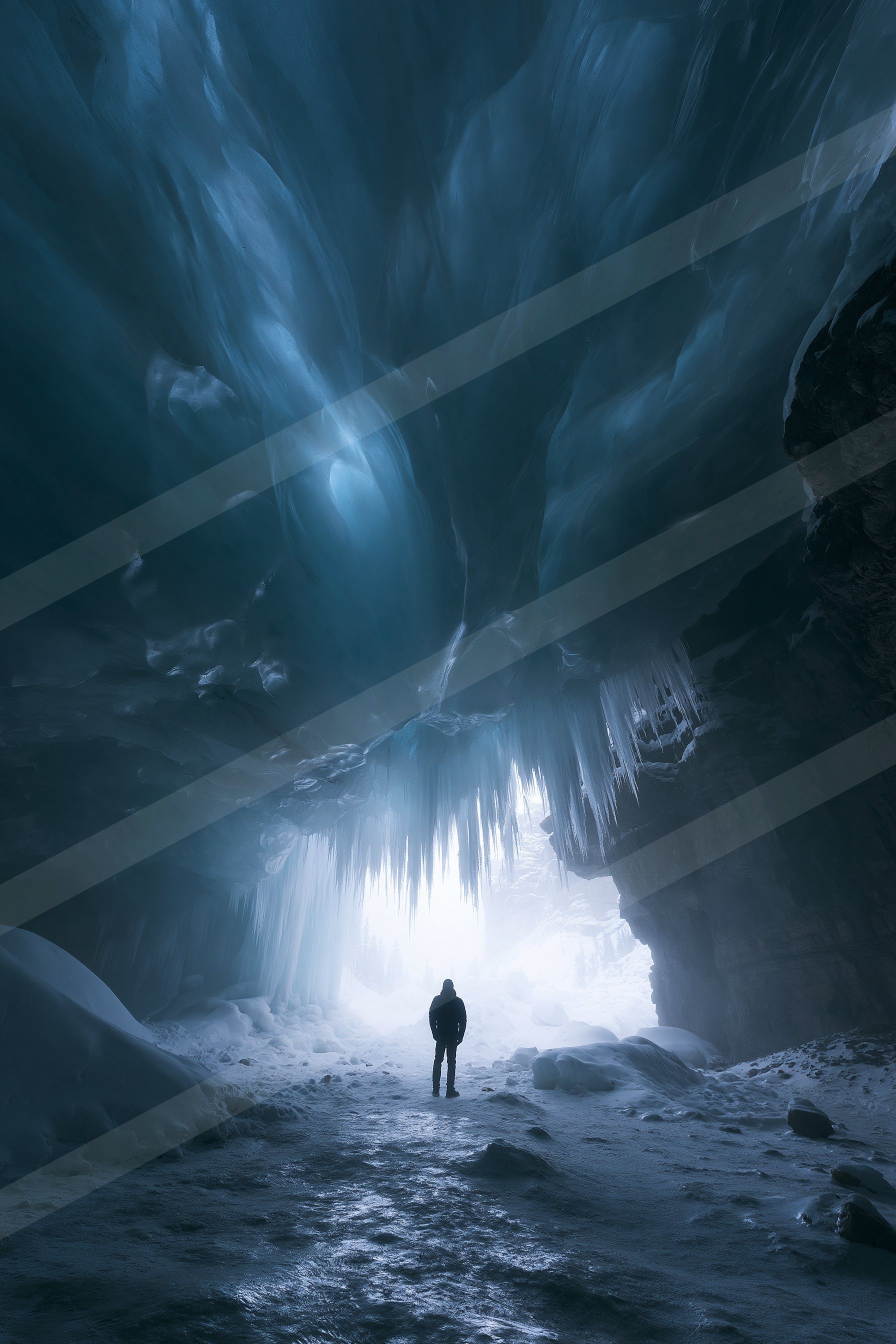 A mysterious landscape of a cave, ice.