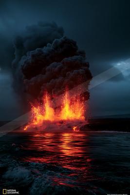A black-toned moody photograph of volcano, geyser, fountain.