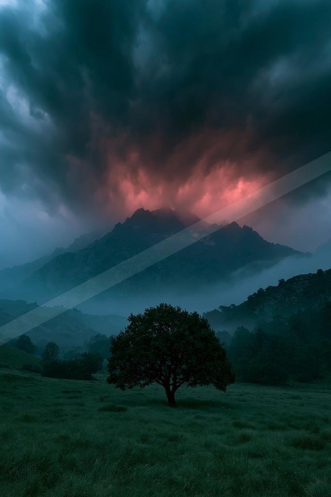 A dramatic nature scene of trees, storm, mountains.