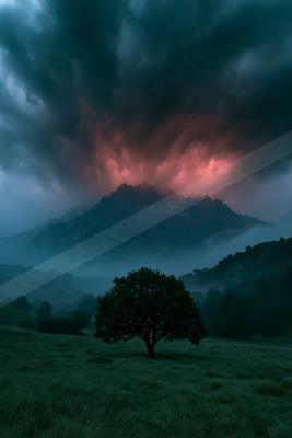 A dramatic nature scene of trees, storm, mountains.