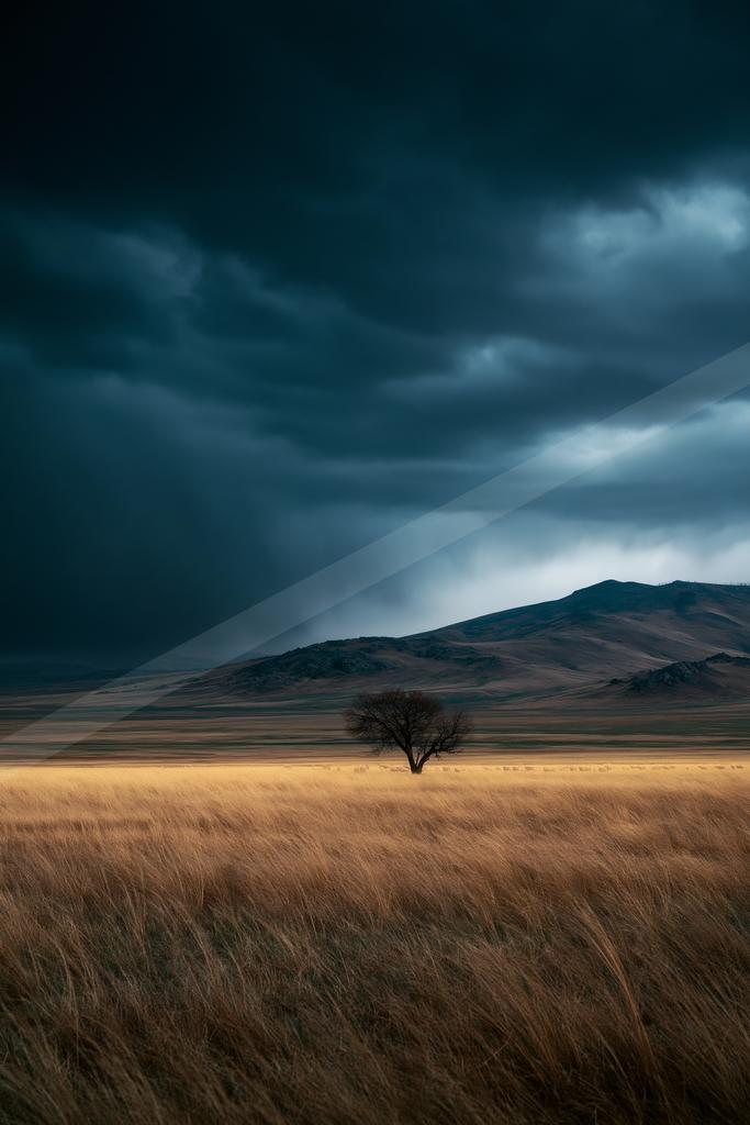 A moody nature scene of trees, storm, field.