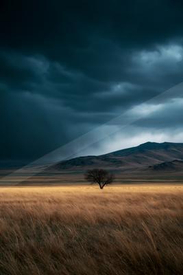 A moody nature scene of trees, storm, field.
