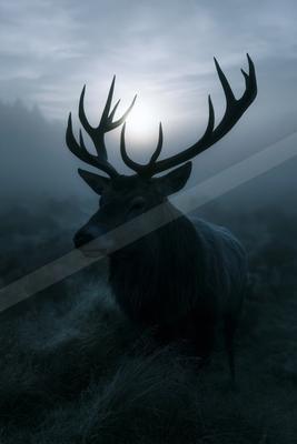 A large male deer with impressive antlers stands in tall grass, silhouetted against a bright sun in a foggy, atmospheric wilderness scene.