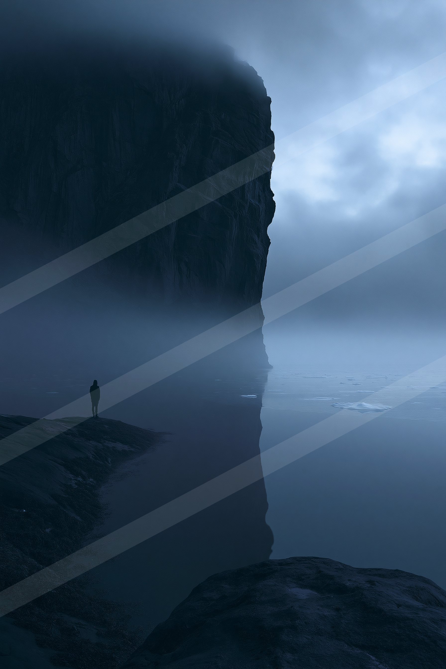 A mysterious negative space landscape of a cliff, reflection.