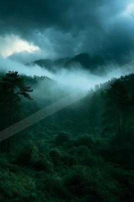 An ethereal high contrast landscape of a rolling hills, fog.