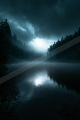 A night water scene of lake, fog.