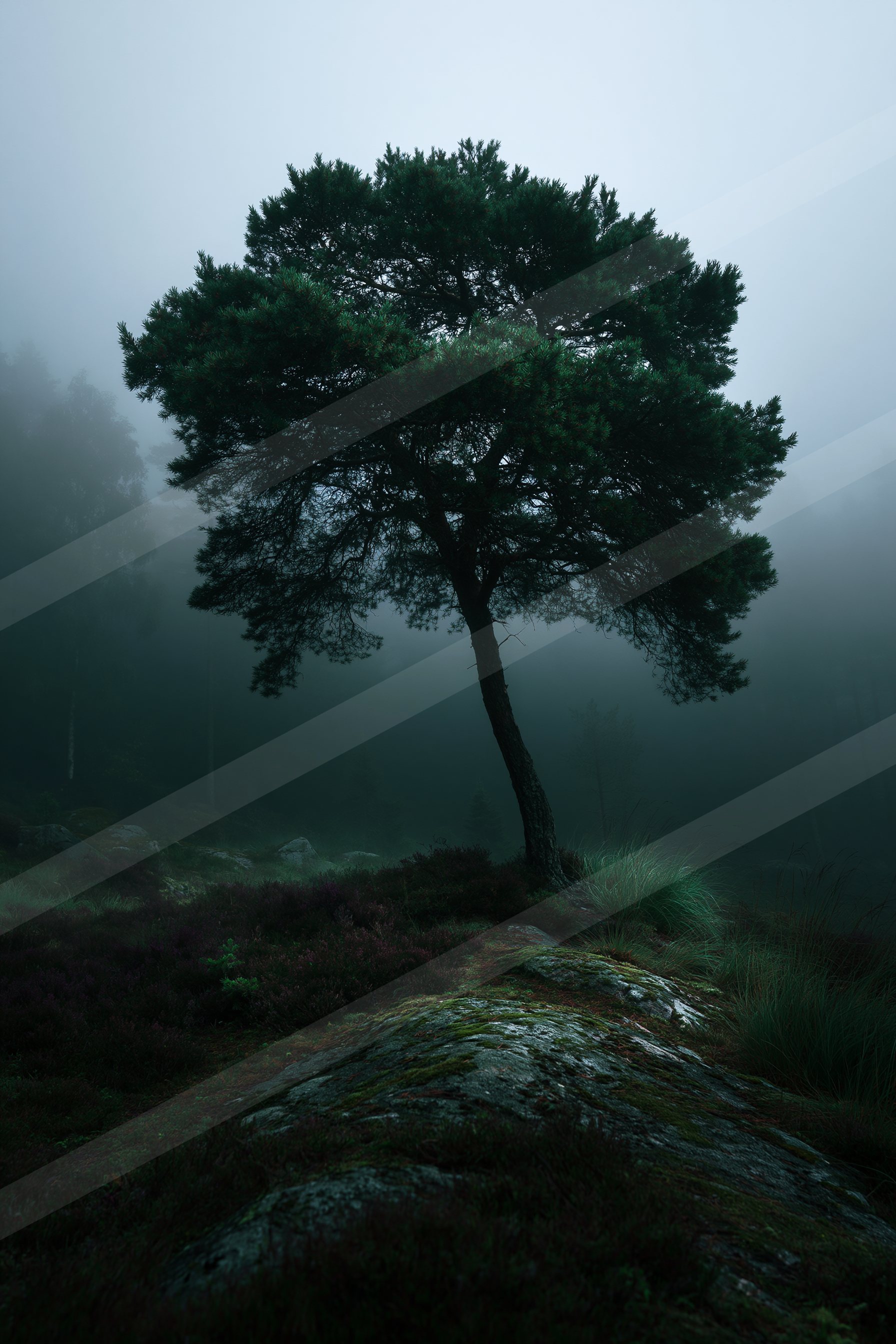 A mysterious nature scene of a pine tree, fog.