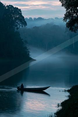 A serene water scene of lake, river, fog.