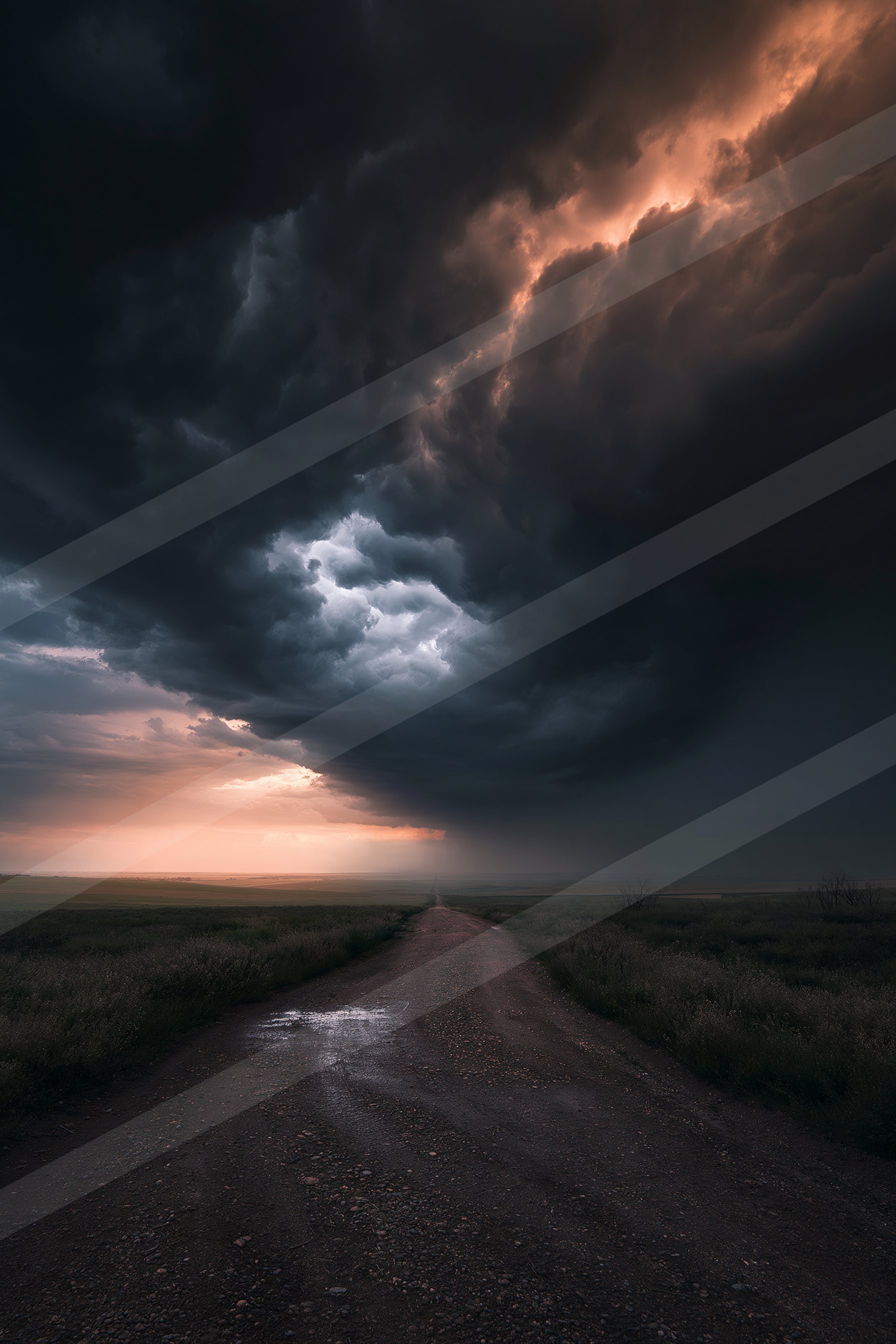 A dramatic high contrast sky scene of a storm, road.