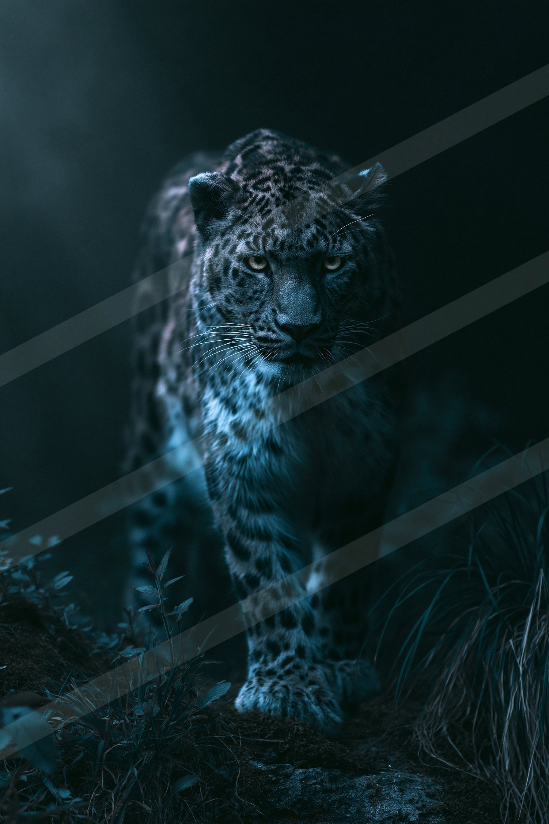 A snow leopard stands alert in a dark forest, its piercing eyes glowing against the shadowy backdrop.