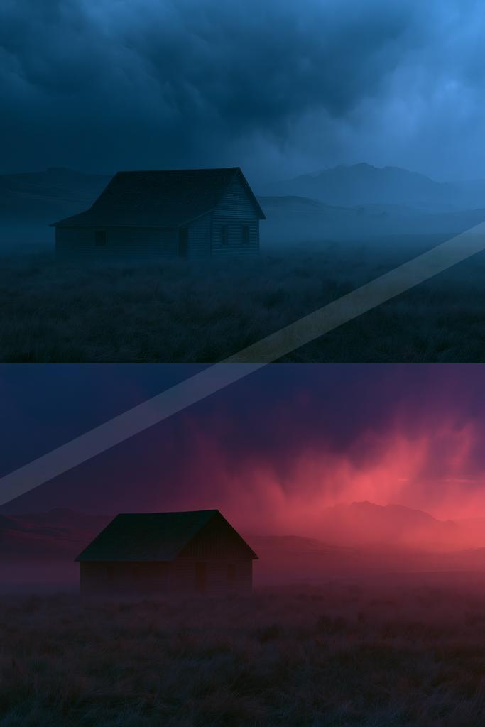 A blue hour sky scene of storm, fog.