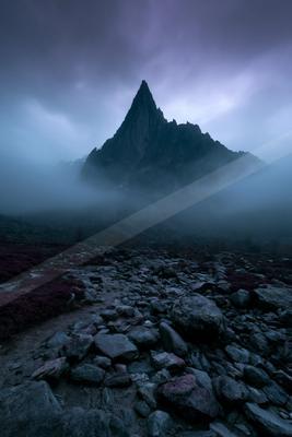 A sharp rocky mountain peak rises above thick blue and purple mist, with a foreground of boulders and purple ground cover under a moody sky.