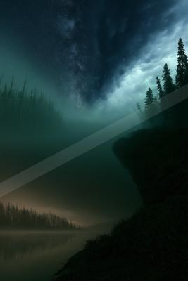 A dramatic night scene featuring a misty lake reflecting a starry sky with the Milky Way, surrounded by dark silhouetted pine trees and a foggy forested shoreli