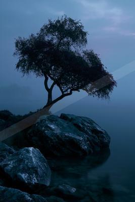 A blue hour still life of lake, storm, fog.