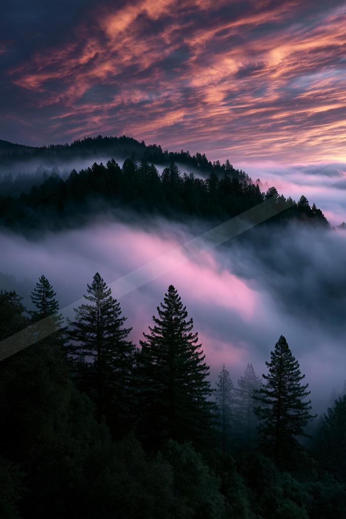 A night sky scene of sunrise, trees, mountains.