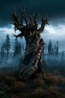 A moody nature scene of trees.