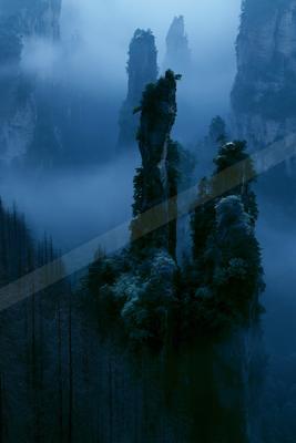 A dramatic landscape of mountains, valley, forest.