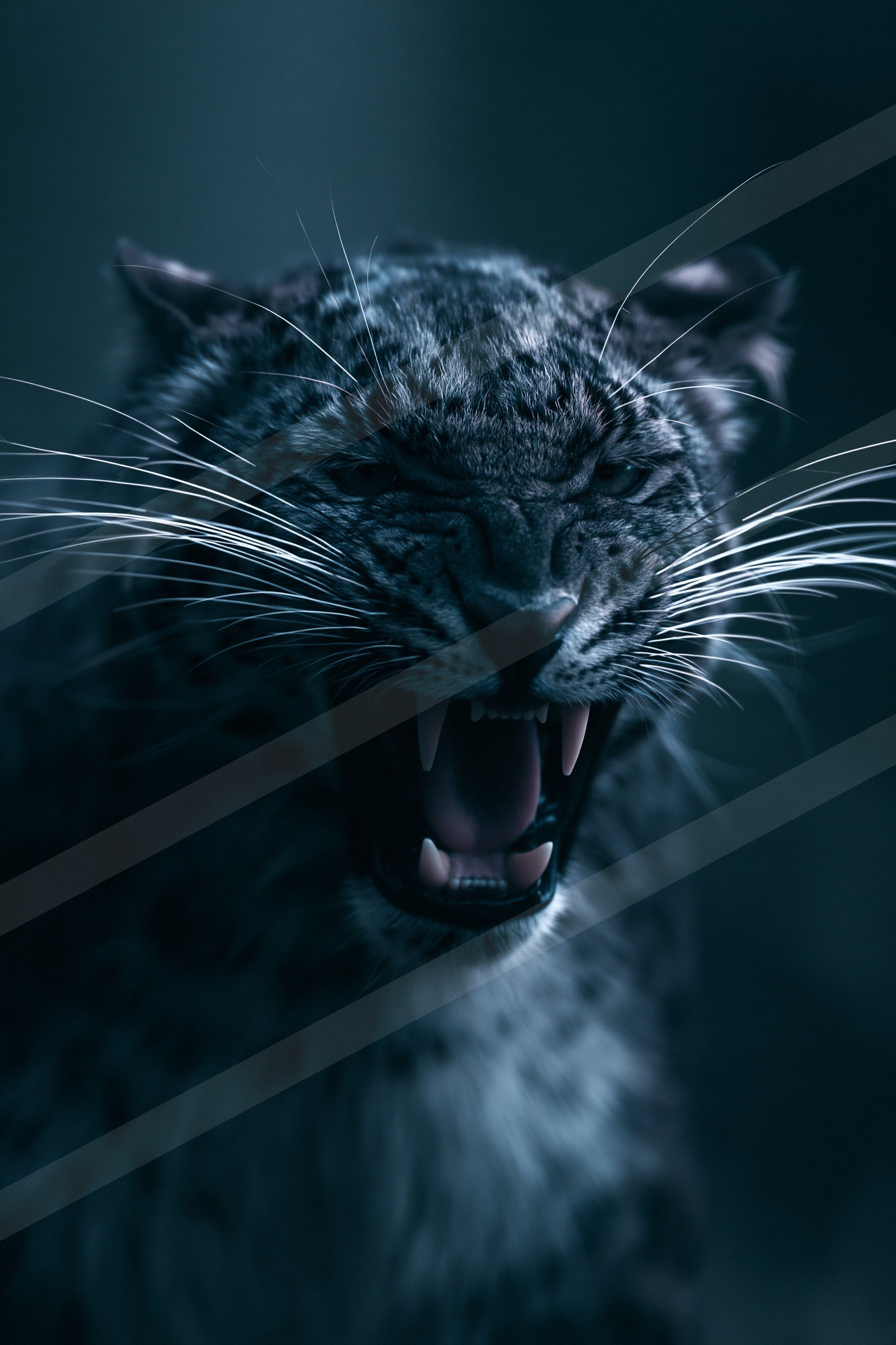 A leopard roars fiercely against a dark background, illuminated by blue lighting that highlights its spotted fur and sharp teeth.