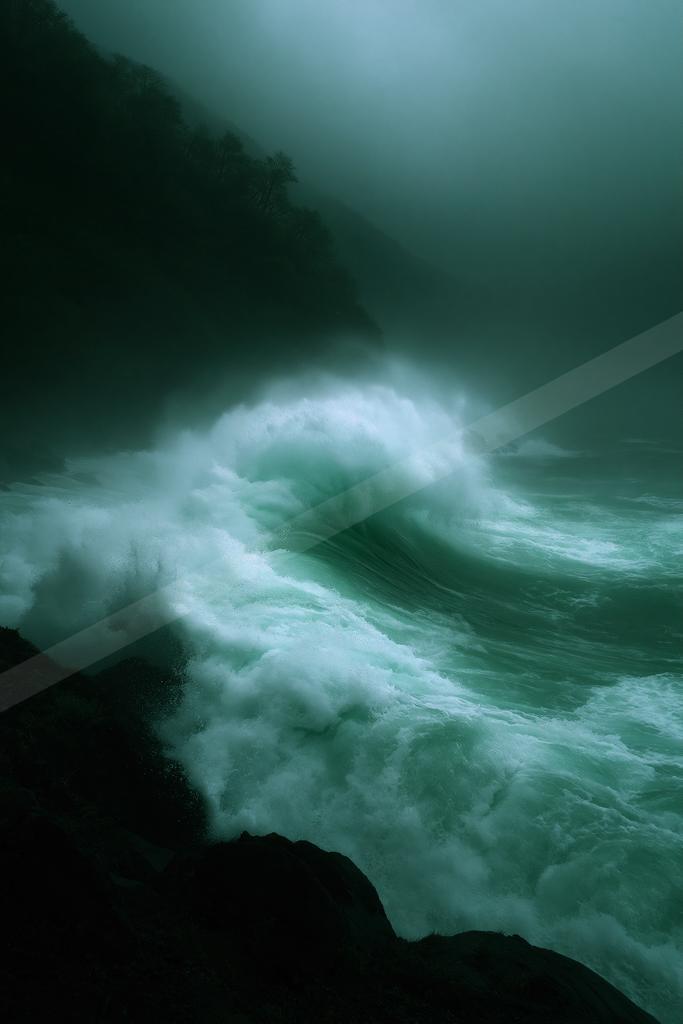 A powerful turquoise wave crashes against dark rocks in a misty, foggy cove with forested cliffs in the background.