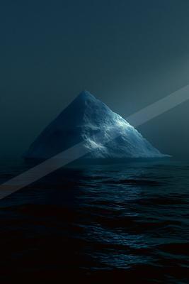 A large triangular iceberg glowing with blue light floats in a dark, rippling ocean under a moody night sky.