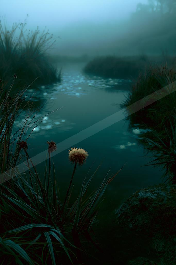 A serene water scene of lake, river, fog.