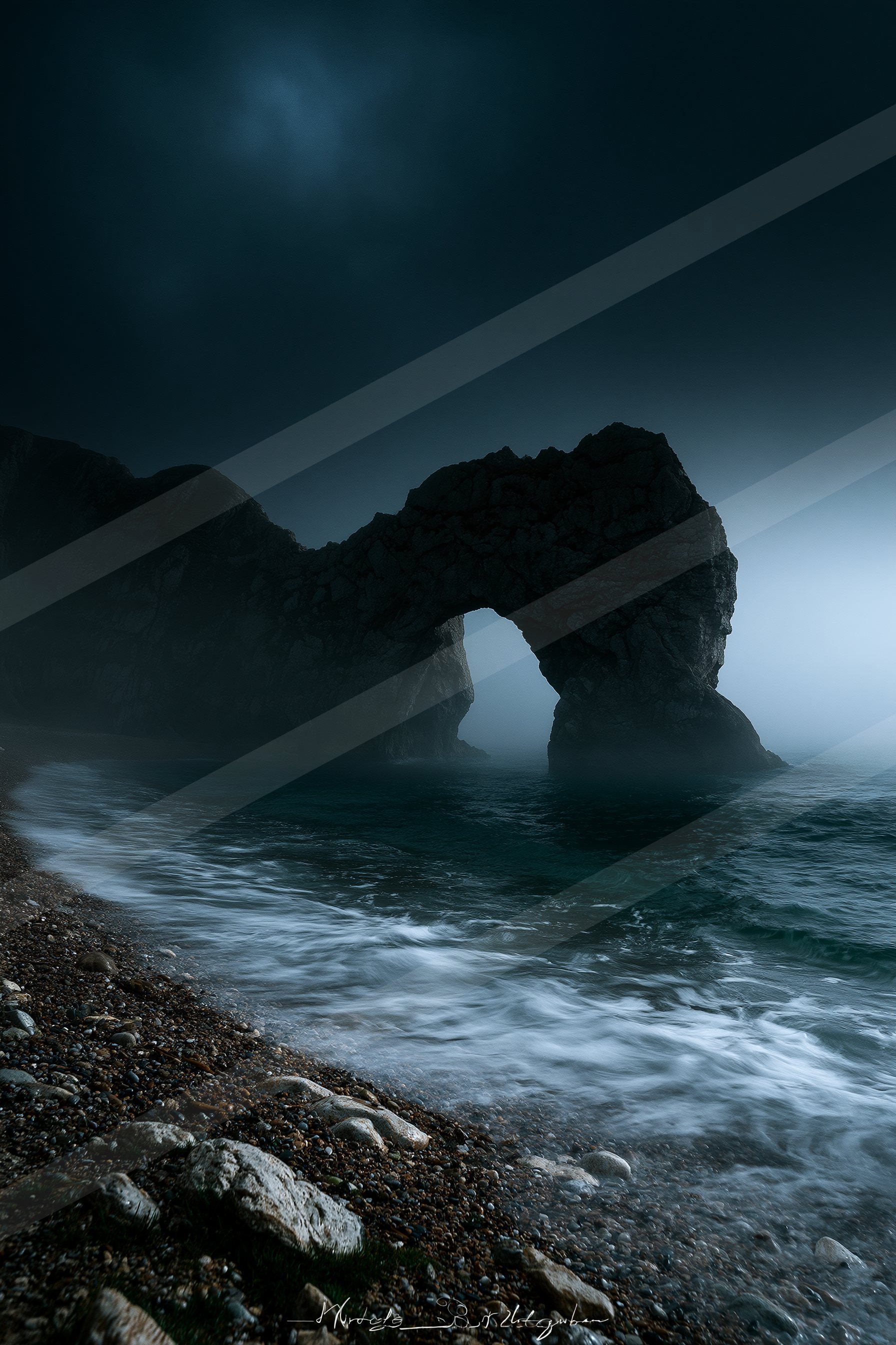 A mysterious long exposure water scene of a coastline, fog.