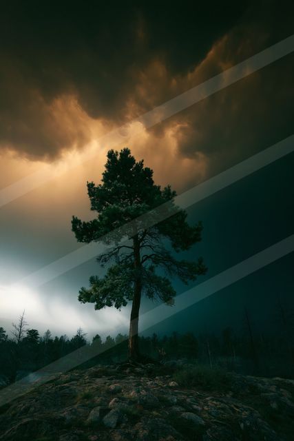 A night high contrast nature scene of a pine tree, fog.