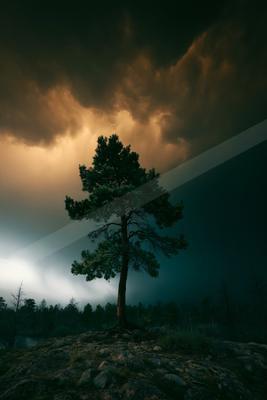 A dramatic sky scene of storm, trees, clouds.
