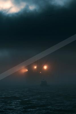 A black-toned moody photograph of drilling platform, space shuttle, aircraft carrier.