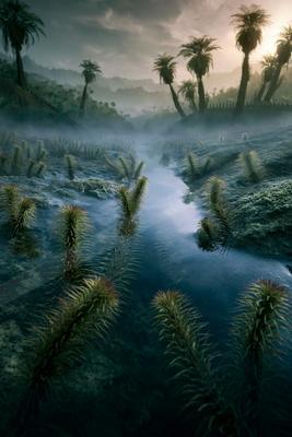 A moody water scene of river, valley, fog.