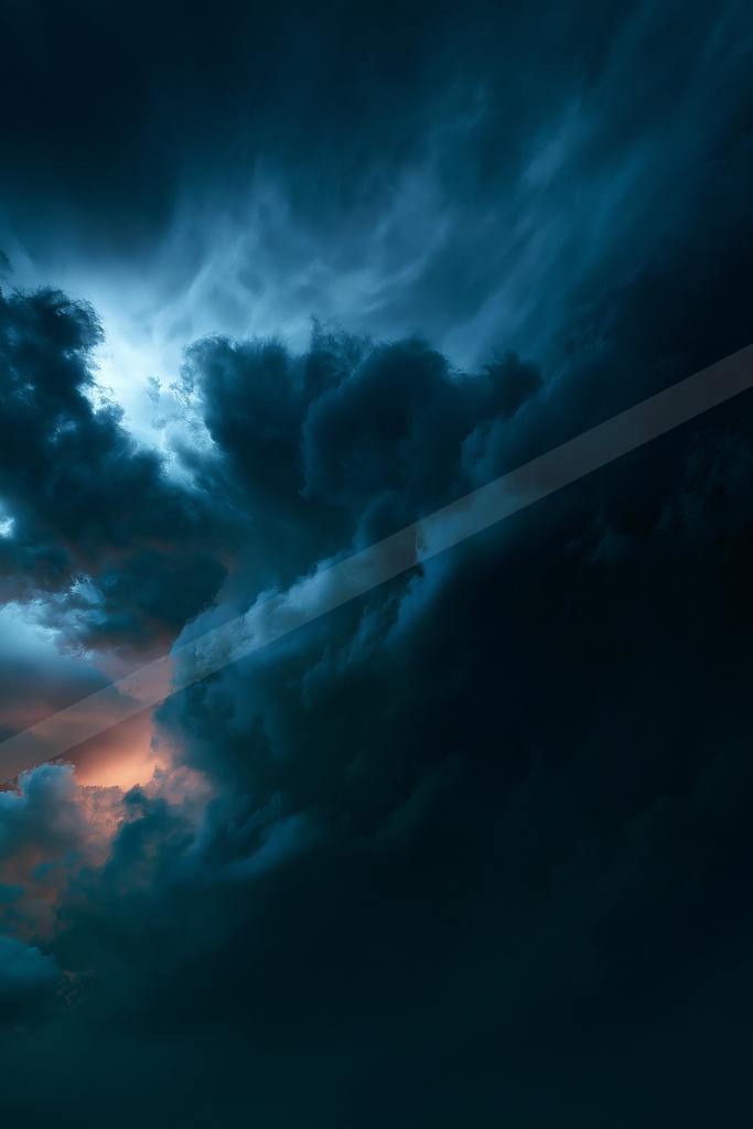 A blue hour sky scene of storm, clouds.