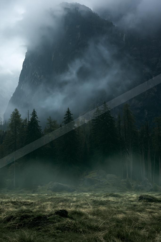 A dramatic landscape of mountains, forest, valley.
