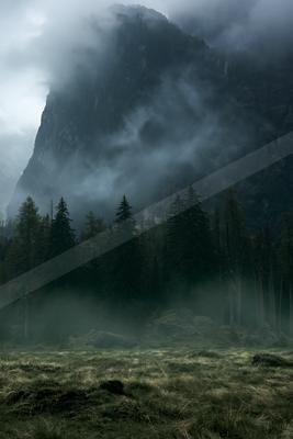 A dramatic landscape of mountains, forest, valley.