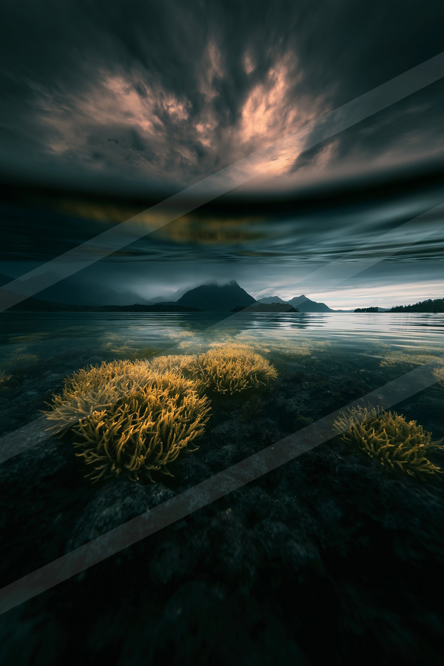 An underwater view of vibrant coral formations illuminated by a dramatic sky reflected on the water's surface.