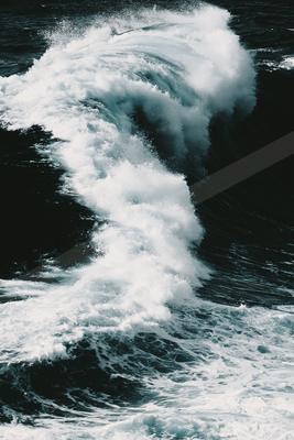 A powerful ocean wave cresting and crashing with turbulent white foam against dark blue water.