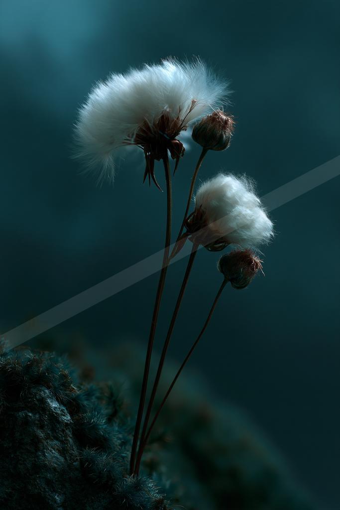 Three stalks of cotton grass with fluffy white seed heads stand against a dark teal background, with one fully open and others partially developed.