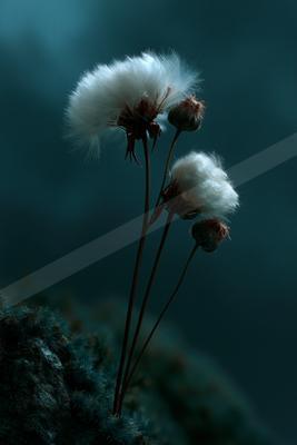 Three stalks of cotton grass with fluffy white seed heads stand against a dark teal background, with one fully open and others partially developed.