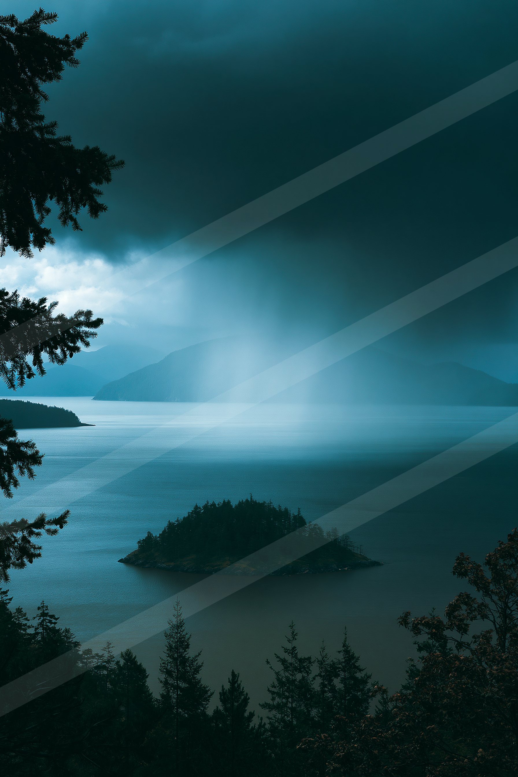 A blue hour high contrast sky scene of a rain, fog.