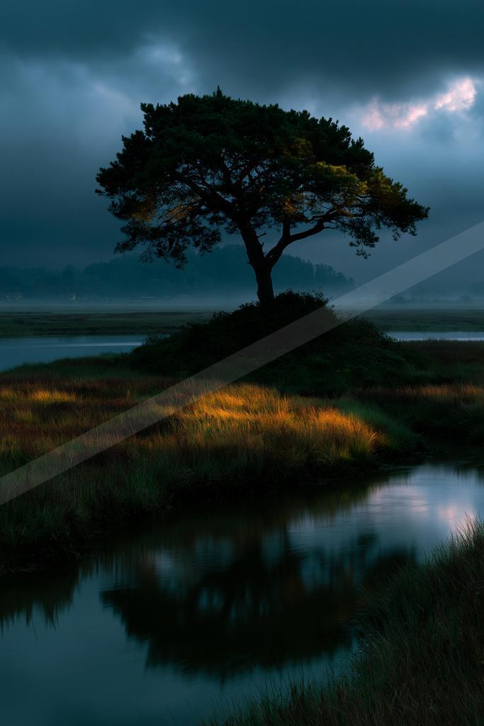 A solitary tree stands silhouetted on a small hill in a misty marshland, with golden light illuminating the grass and a calm body of water reflecting the dramat