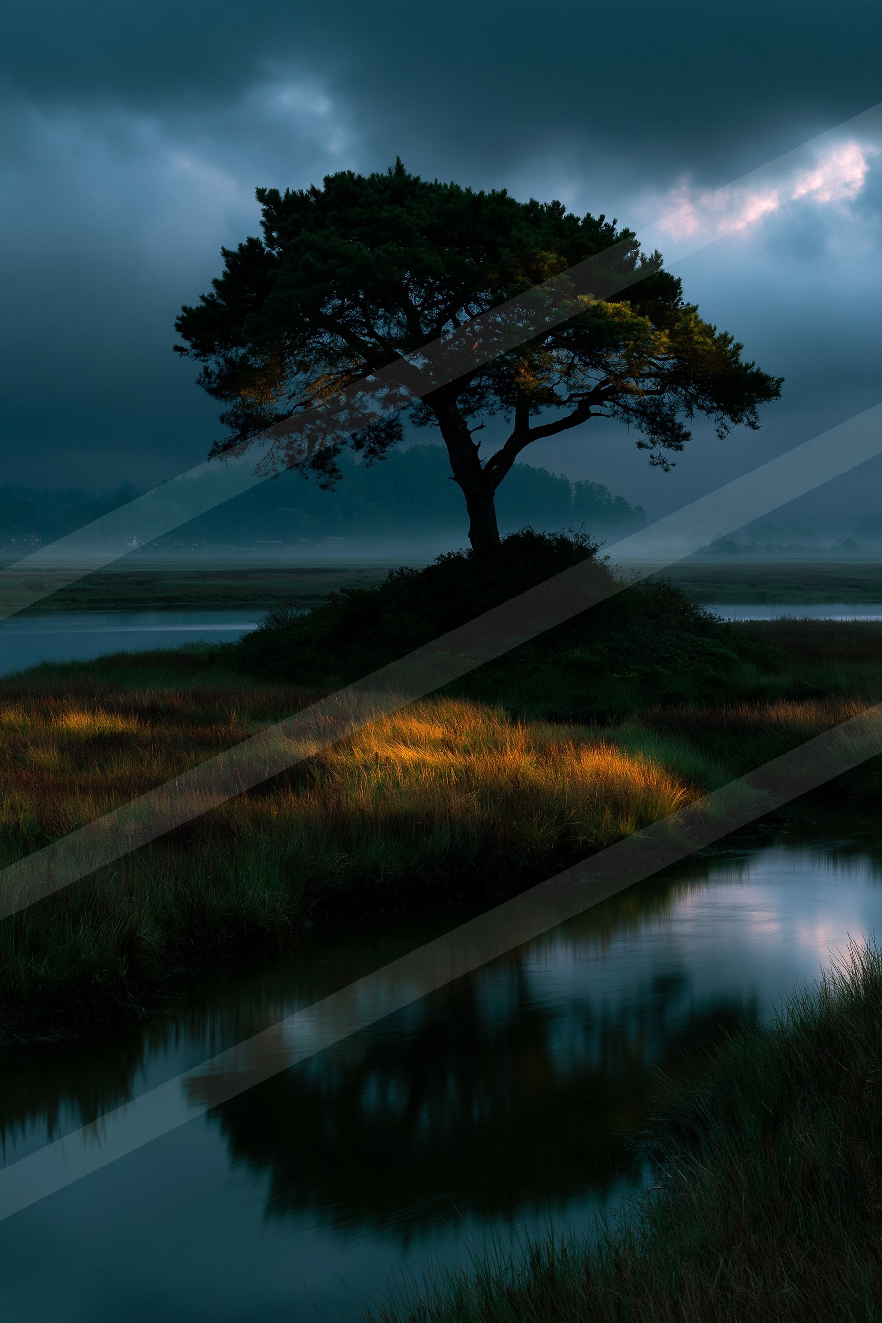 A lone tree stands silhouetted against a moody sky, its reflection mirrored perfectly on calm waters below.