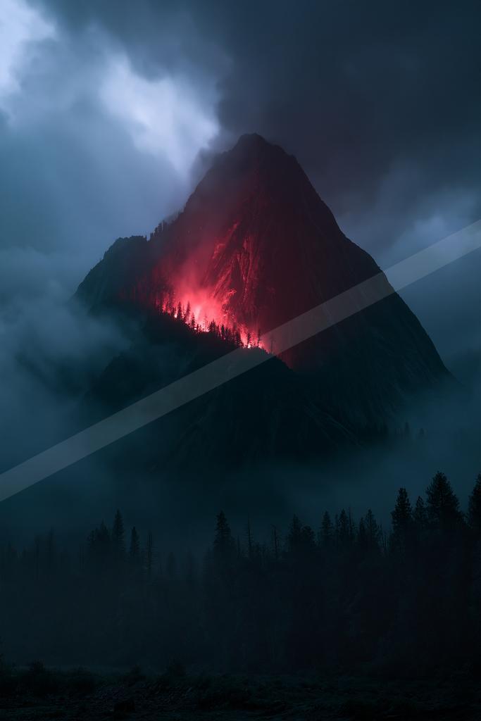 A moody landscape of mountains.
