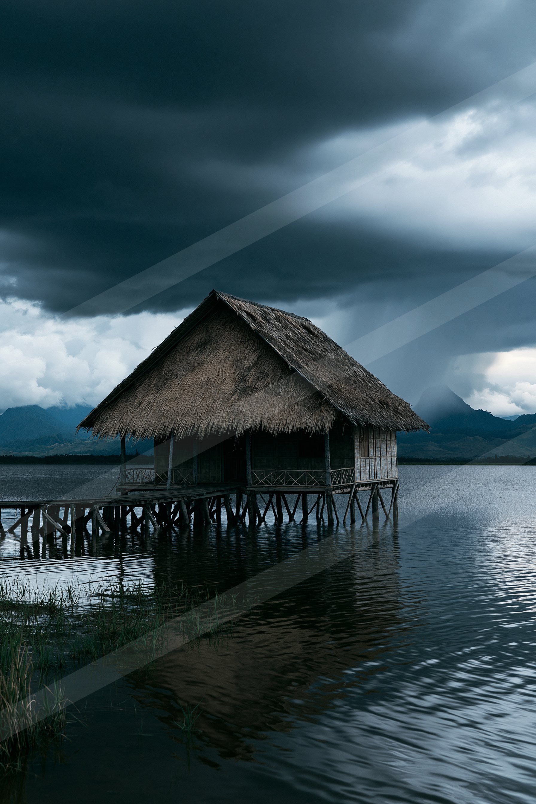 A dramatic sepia water scene of a lagoon.