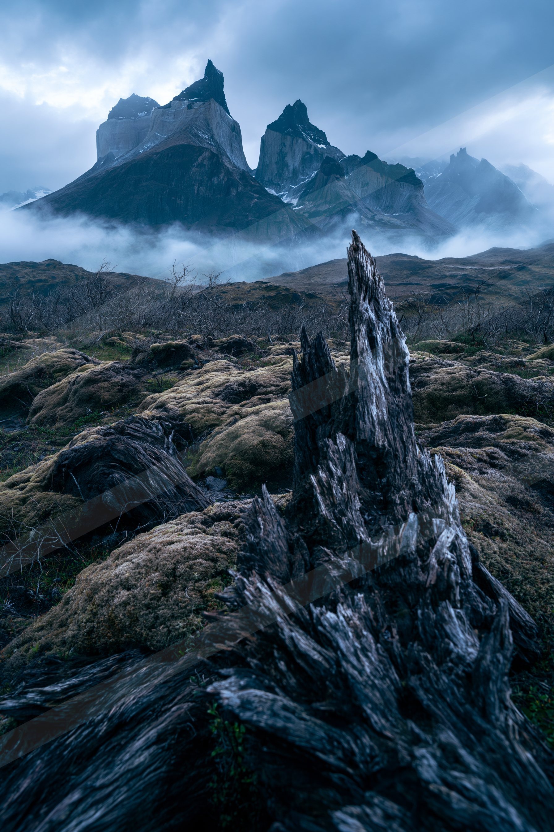 A rugged landscape featuring moss-covered rocks and jagged peaks shrouded in mist, creating a dramatic and mysterious atmosphere.