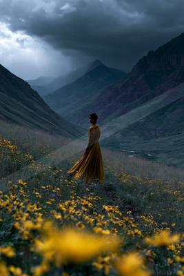 A woman wearing a flowing yellow dress stands in a field of yellow wildflowers, looking out over a vast mountain valley beneath dark, stormy clouds.