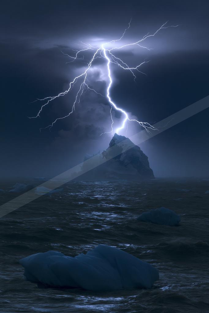 A dramatic bolt of lightning strikes a large iceberg rising from a turbulent dark ocean under a stormy night sky, with smaller ice chunks floating in the foregr