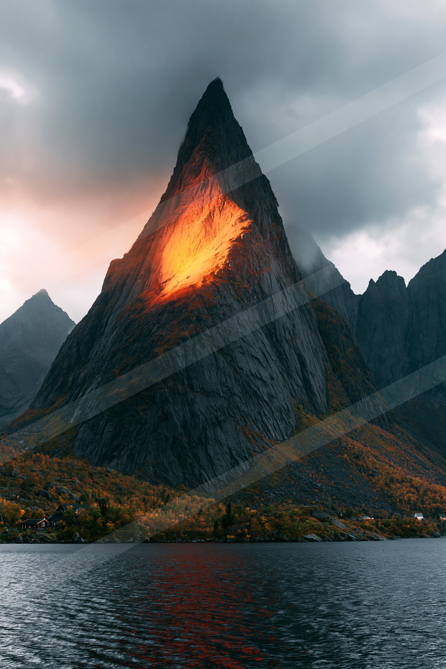 A dramatic landscape of a volcano, fire.