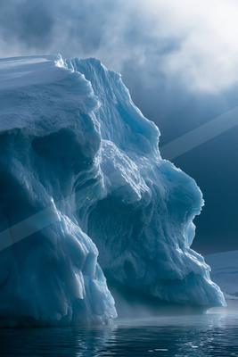 A bright sky scene of clouds, ocean, mountains.