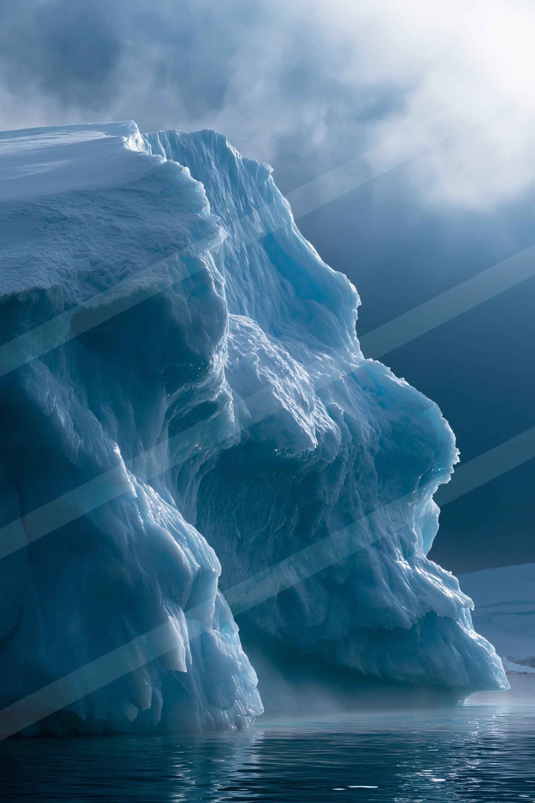 A dramatic landscape of a glacier, ice.