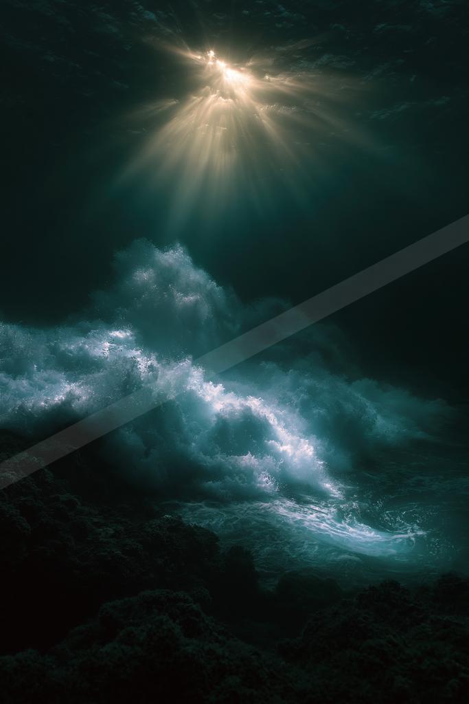 A dramatic water scene of ocean, storm, clouds.